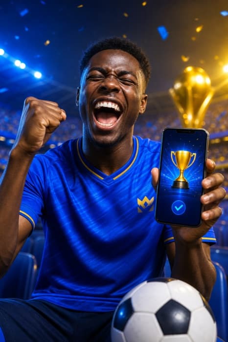 Young football fan celebrating while holding a phone with jersey and football in the background